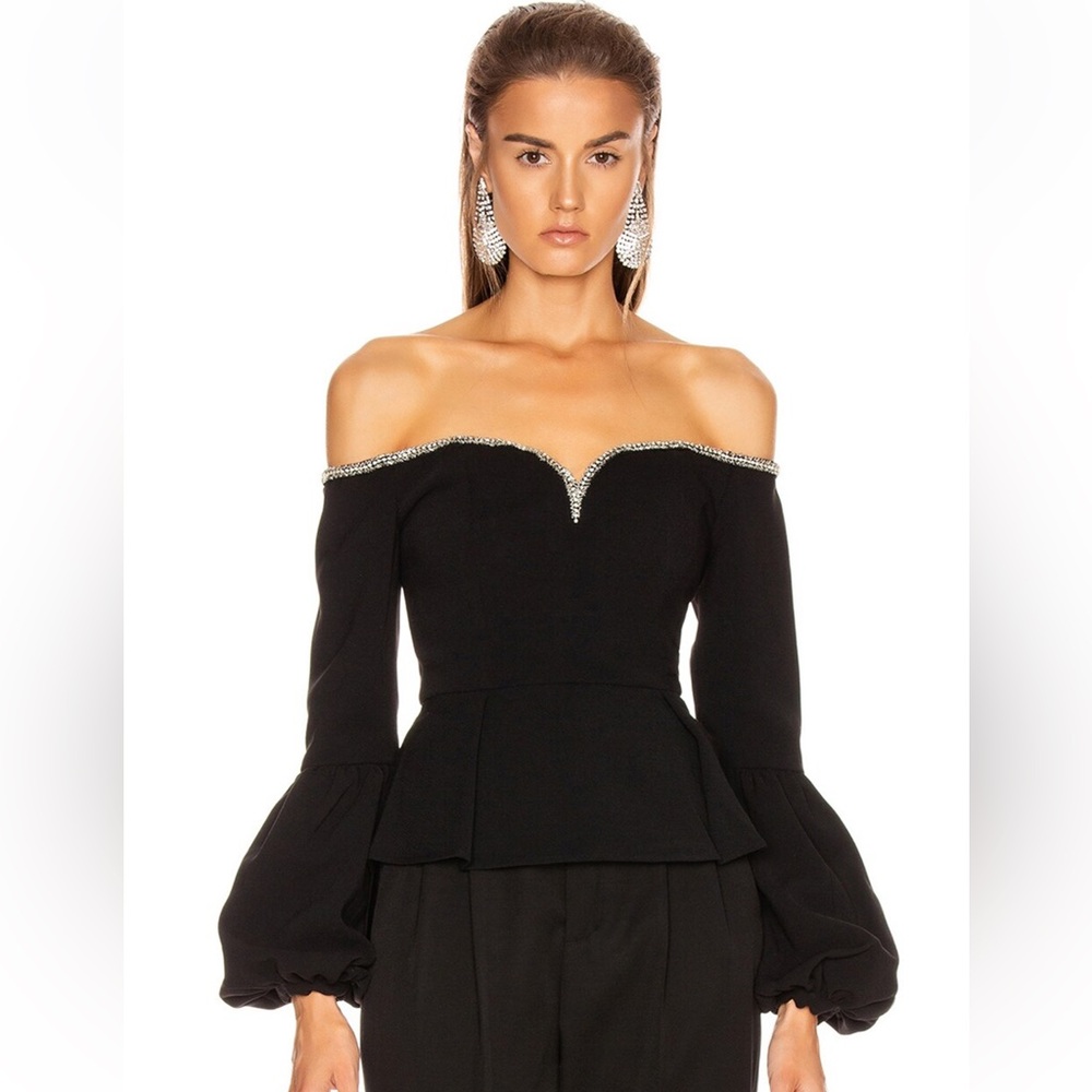 Self-Portrait Black Crepe Puff Sleeve Top